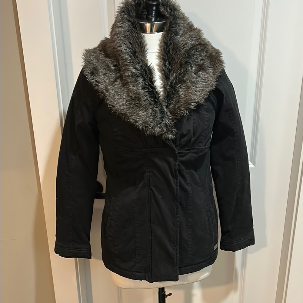 Black Utility Jacket with Gray Removable Faux Fur Collar and Tailored Fit